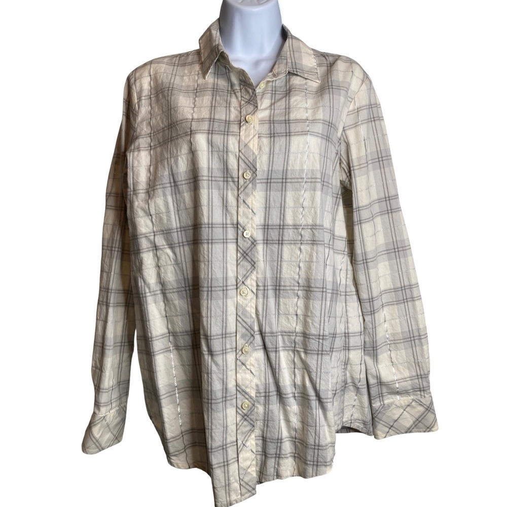 BANANA REPUBLIC Womens Cream Gray Metallic Plaid Dillon Shirt M Preppy Sparkle